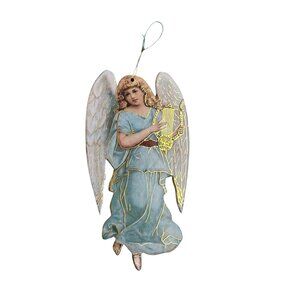 Vintage Victorian Angel Christmas Ornament Embossed Gold Detail Harp DoubleSided